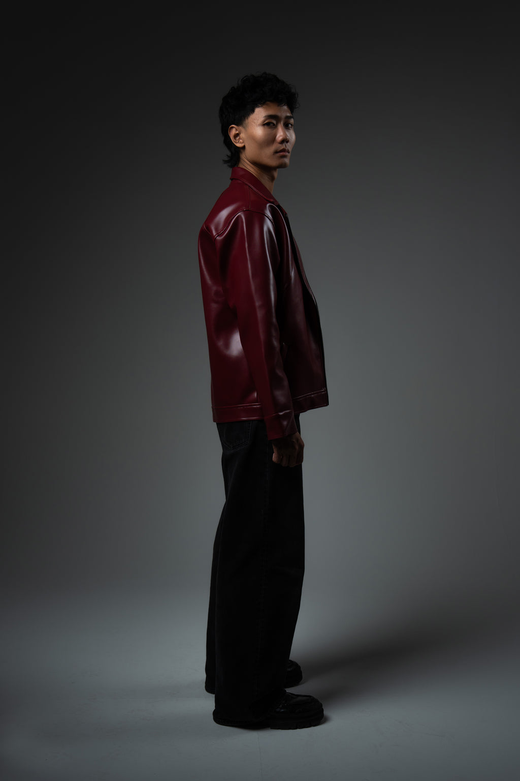 Cherry Red Collared Leather Jacket