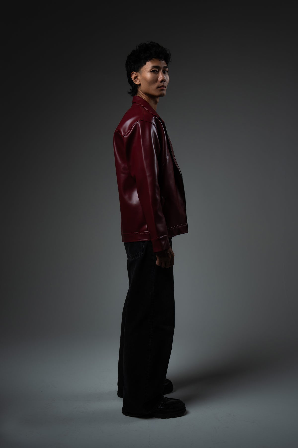 Cherry Red Collared Leather Jacket