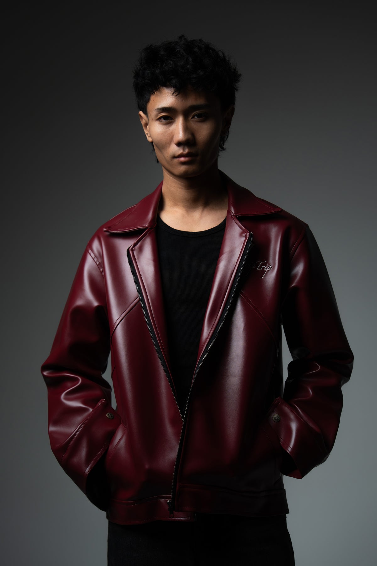 Cherry Red Collared Leather Jacket