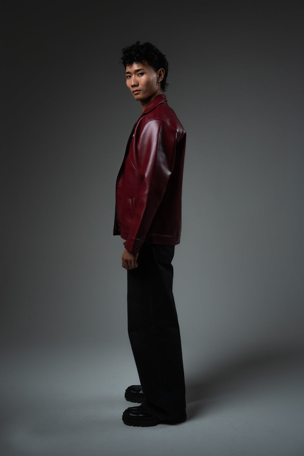 Cherry Red Collared Leather Jacket
