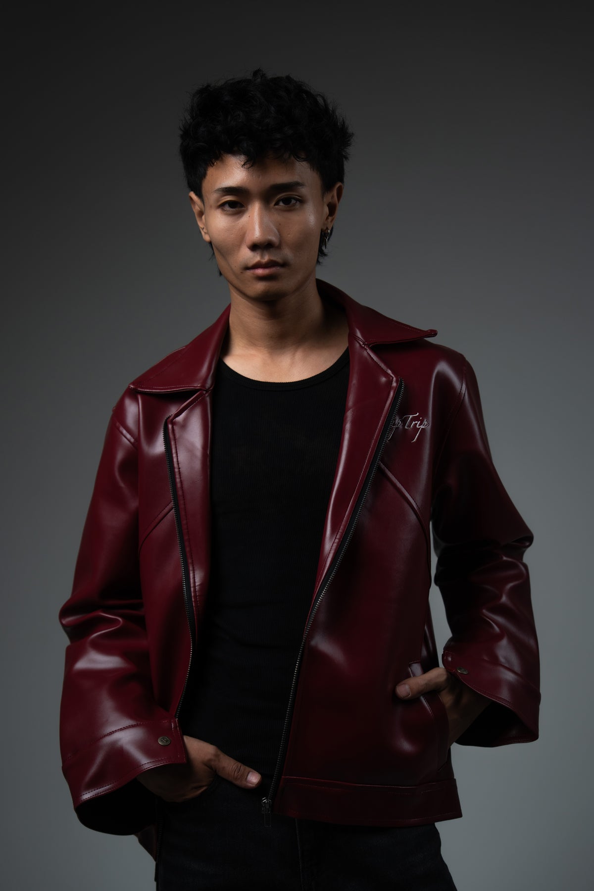 Cherry Red Collared Leather Jacket