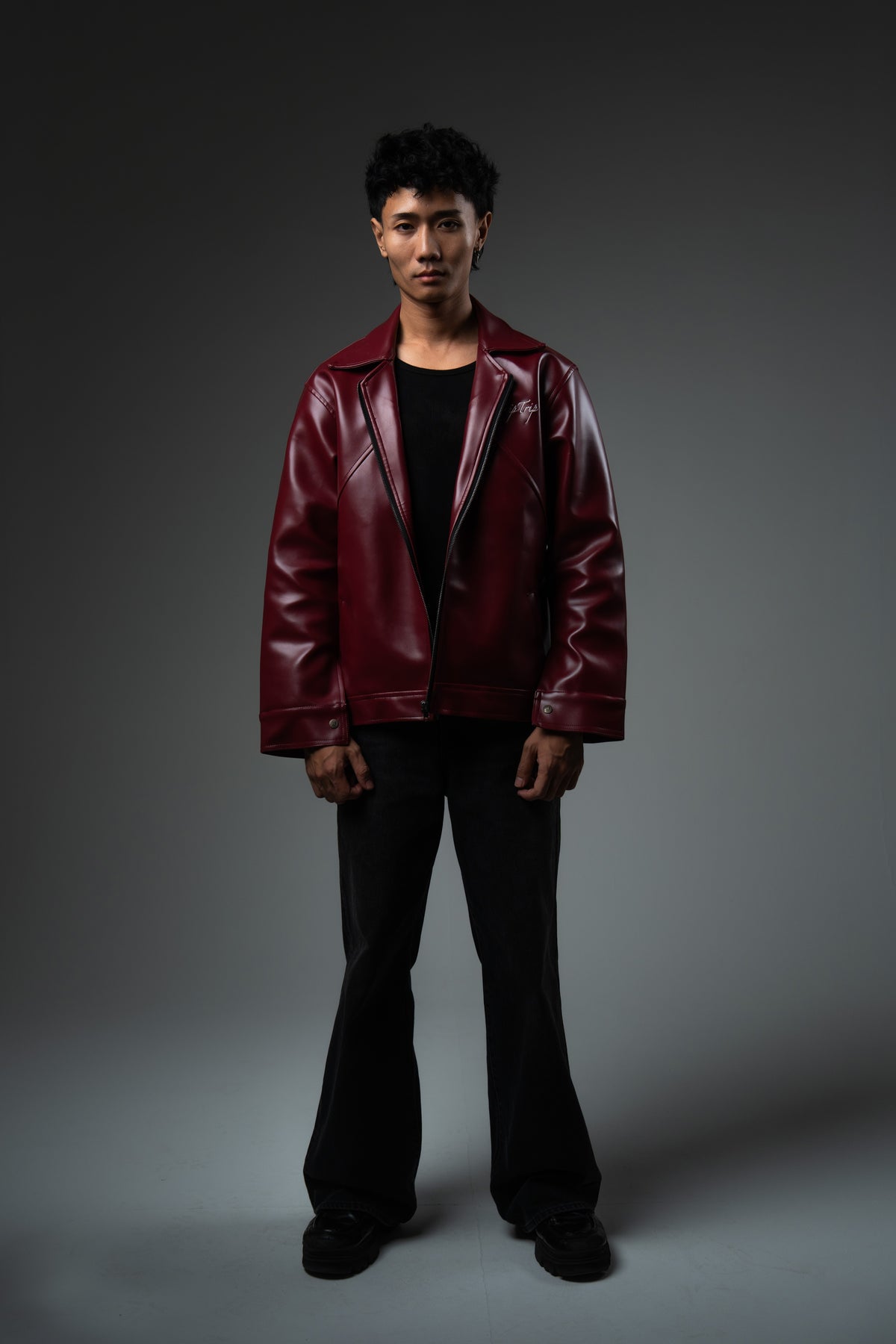 Cherry Red Collared Leather Jacket